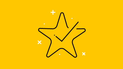 Gul bakgrunn med en stjerne oppå og et hake-symbol inni.
